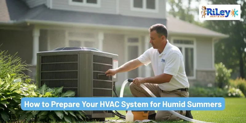 HVAC technician inspecting air conditioning unit for humid summer performance