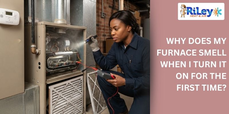 HVAC technician inspecting a furnace that smells when turned on for the first time in fall